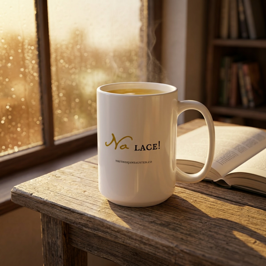 No lace! Pride and Prejudice Quote Mug, 15 oz
